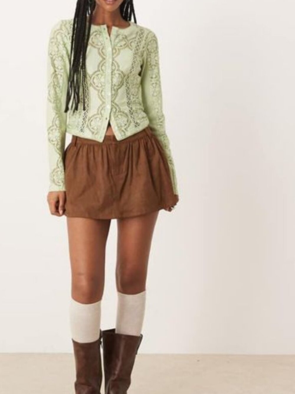 NWT Free People Jae Sheer Lace Knit Long Sleeve Top in Soft Moss